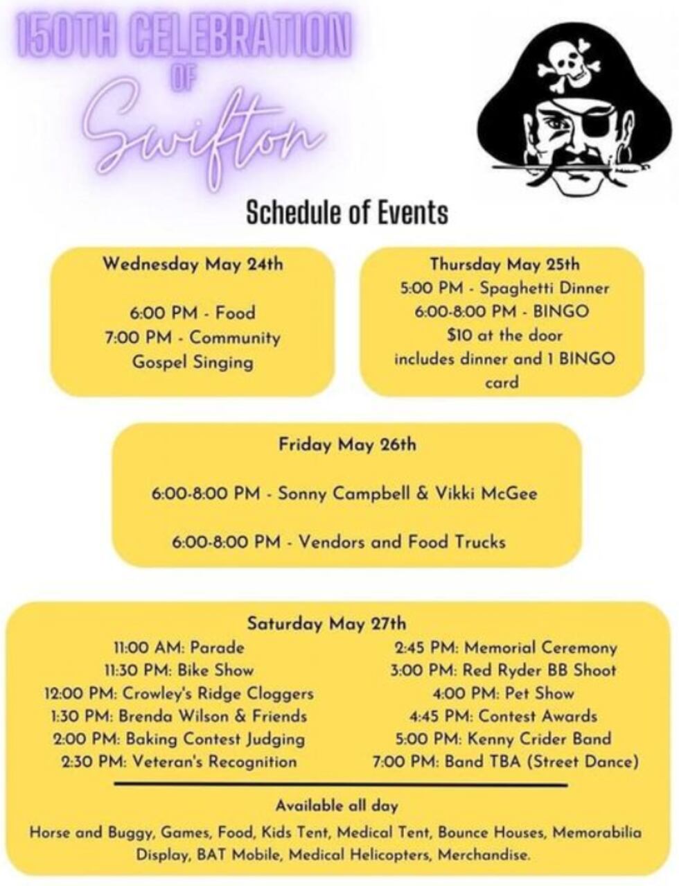 A breakdown of all the events you can attend throughout the weekend in Swifton.
