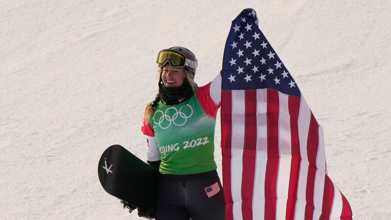 United States' Lindsey Jacobellis celebrates after winning a gold medal in the women's cross...