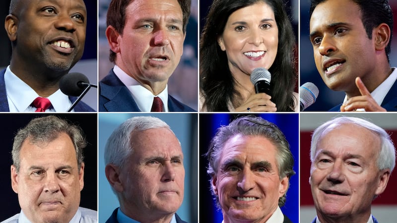 This combination of photos shows Republican presidential candidates, top row from left, Sen....