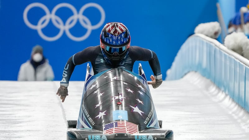Kaillie Humphries, of the United States, drives during the women's monobob heat 3 at the 2022...