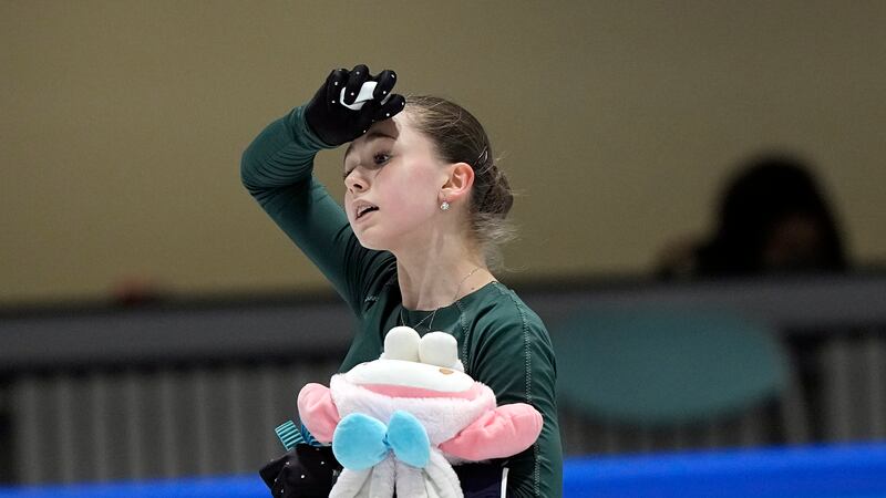 Kamila Valieva, of the Russian Olympic Committee, leaves the ice after a training session at...