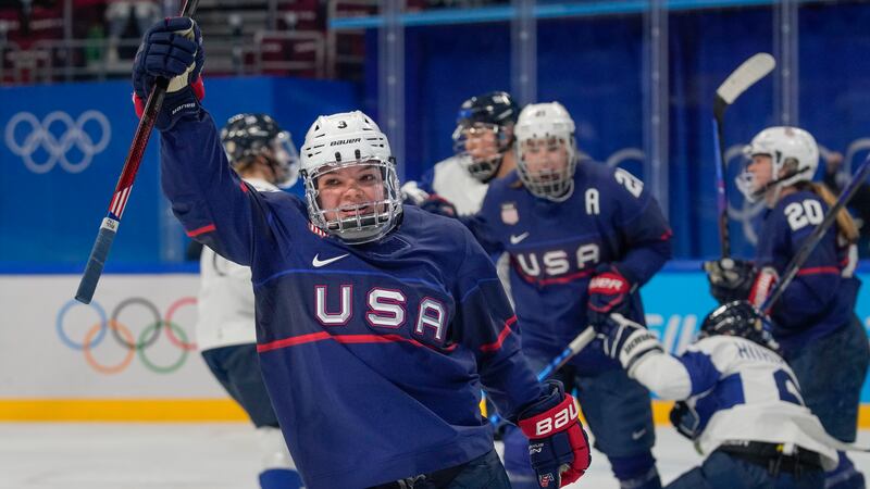 United States' Cayla Barnes (3) celebrates after scoring a goal against Finland during a...