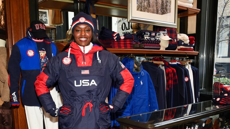 Bobsledder Aja Evans models the Team USA Beijing winter Olympics opening ceremony uniforms...
