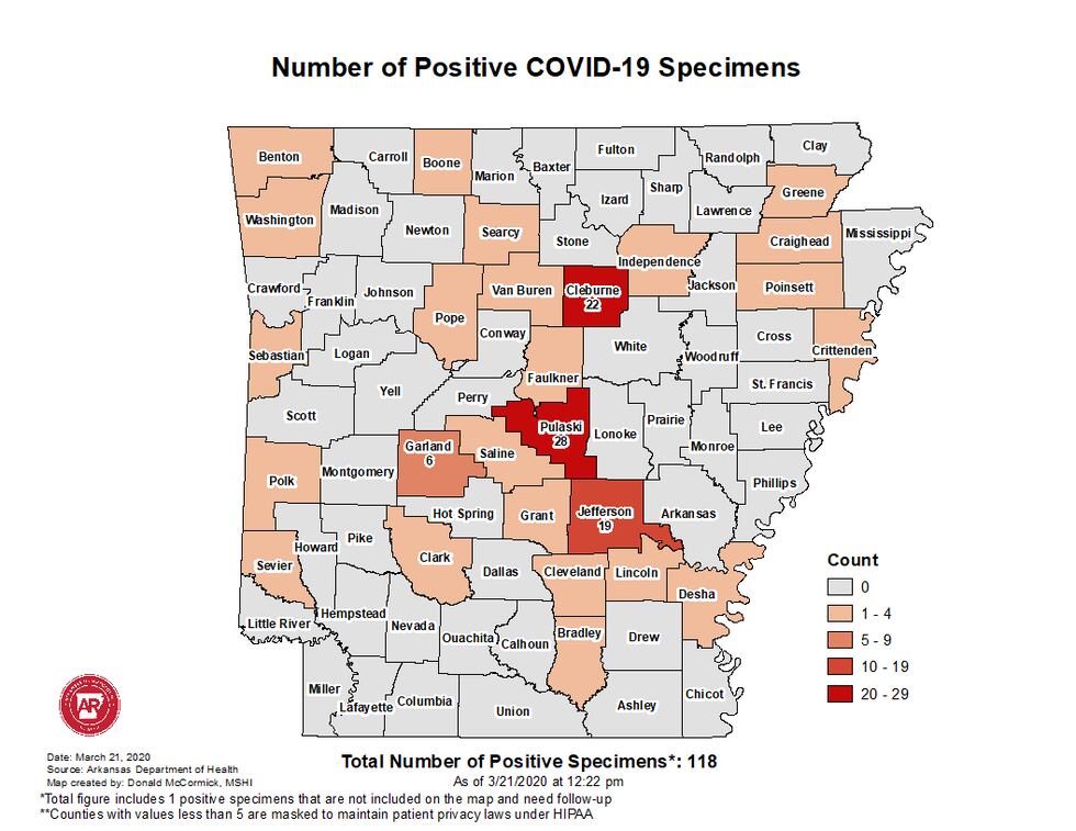 COVID-19 positive cases in Arkansas as of 12:45 p.m. March 21