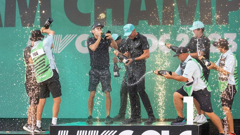 FILE - Team champions David Puig, Sebastián Muñoz, Mito Pereira, Captain Joaquín Niemann of...