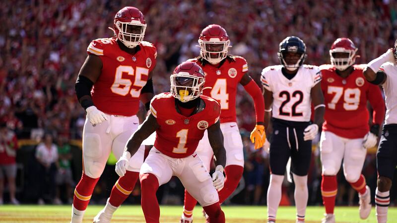 Kansas City Chiefs running back Jerick McKinnon (1) celebrates after scoring during the first...