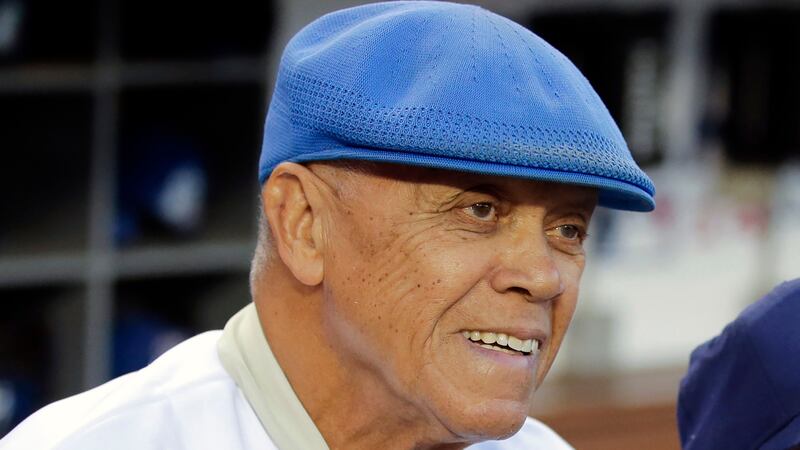 FILE - Former Los Angeles Dodgers shortstop Maury Wills is shown before Game 2 of baseball's...
