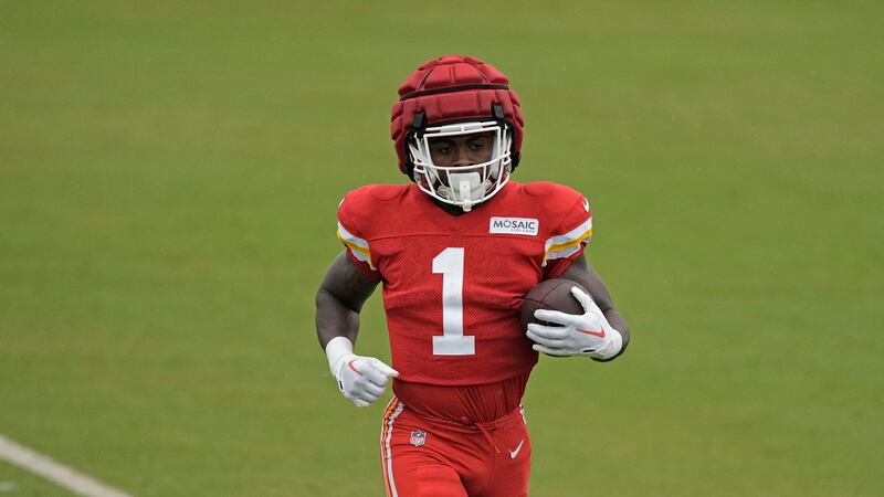 Kansas City Chiefs running back Jerick McKinnon runs the ball during NFL football training...